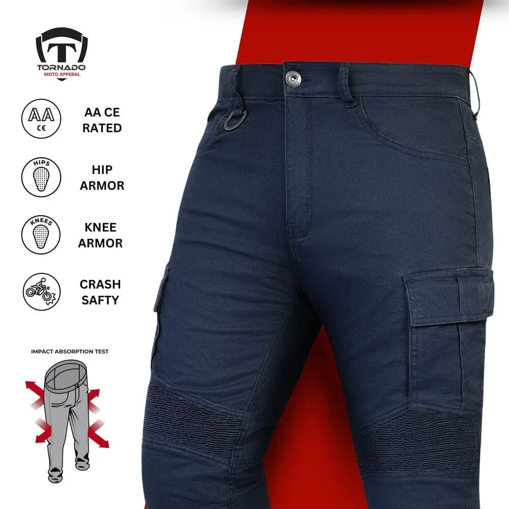 Navy blue motorcycle pants with protective features on a white background, featuring the Tornado brand.