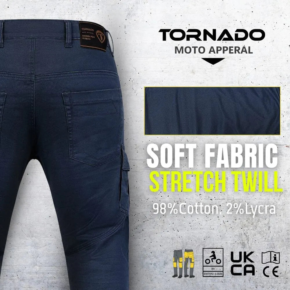 Navy blue pants with Tornado Moto Apparel branding and fabric information on a gray background