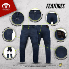 blue motorcycle jeans with features highlighted on a gray background, featuring Tornado brand.