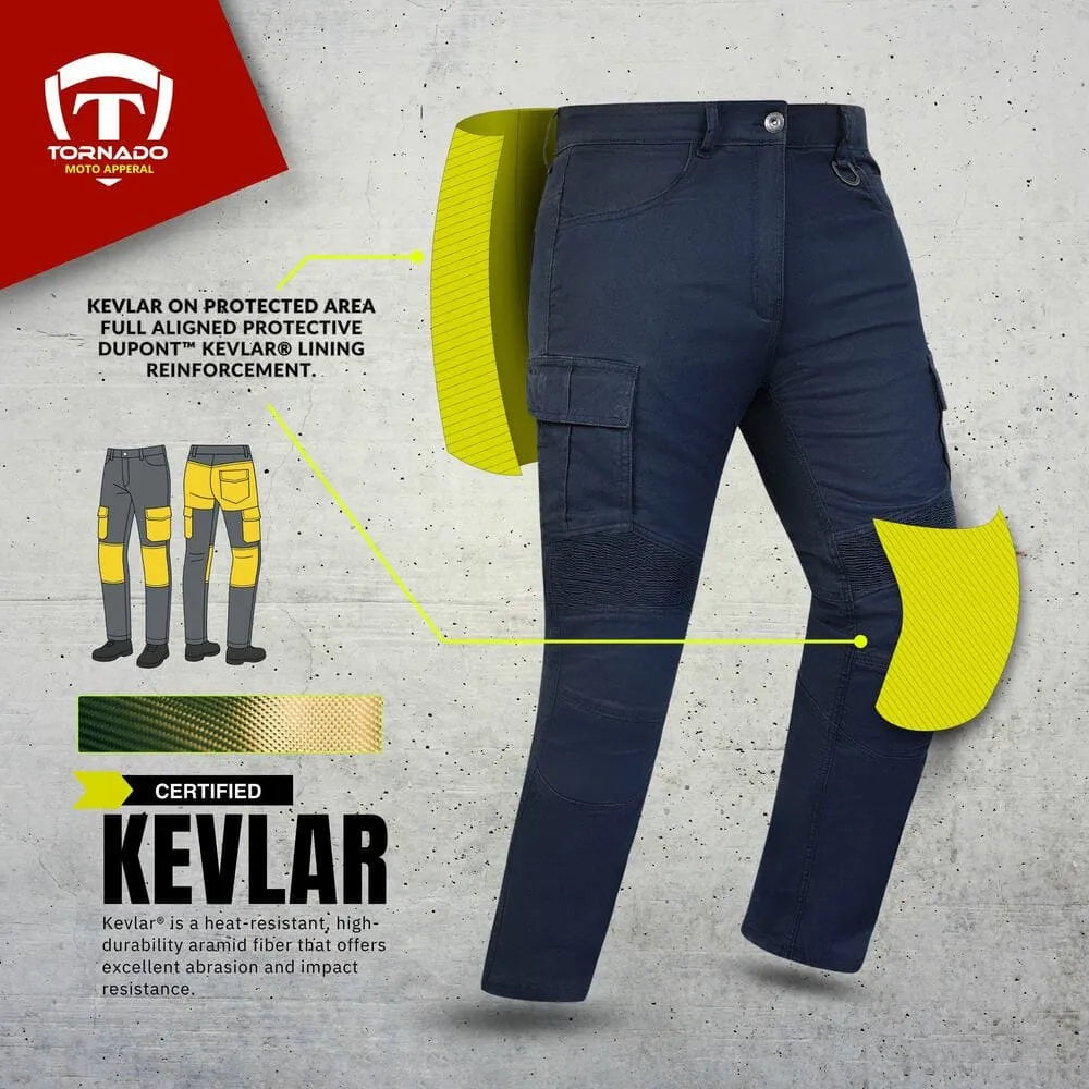 blue motorcycle jeans with yellow knee pads and Tornado logo on a gray background