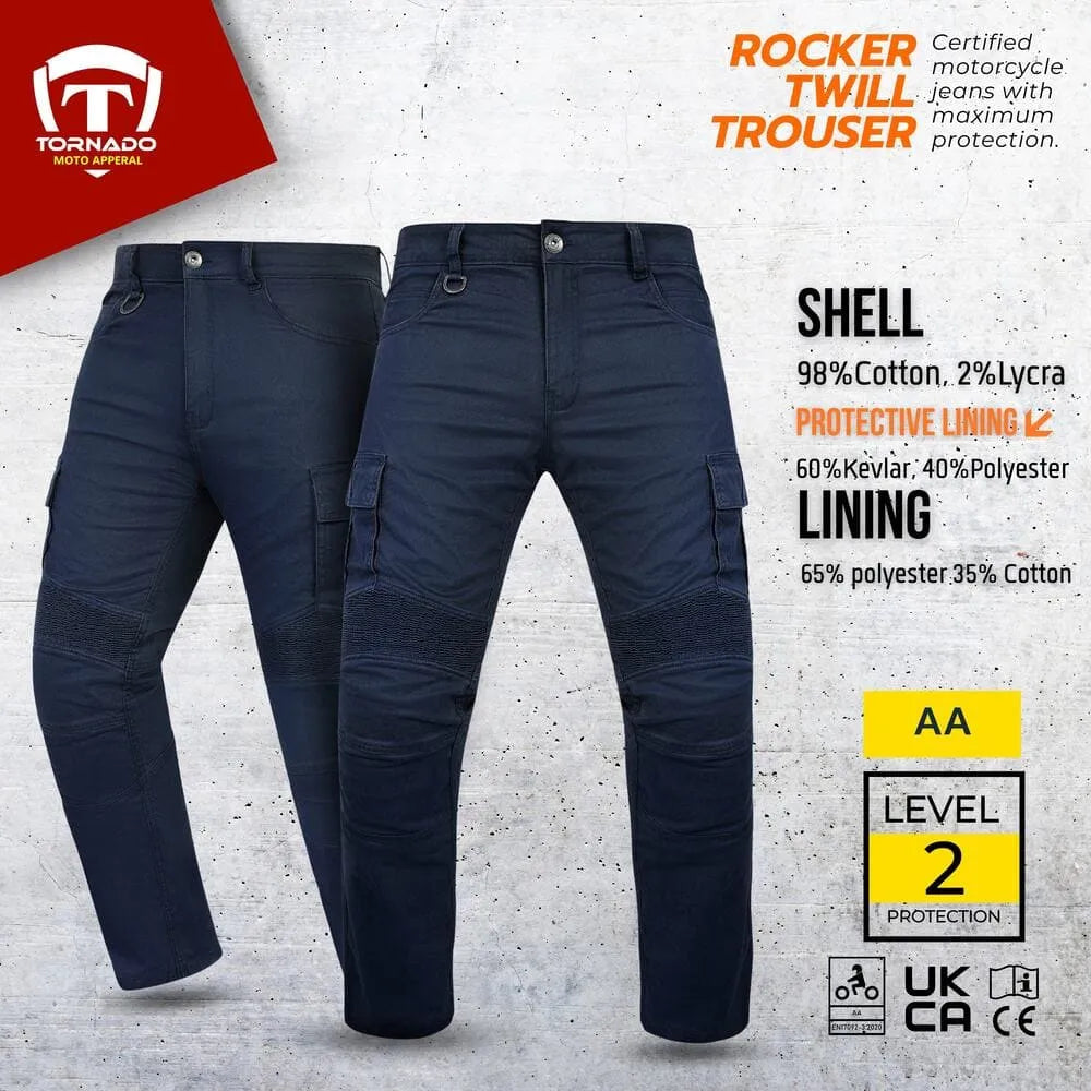 Motorcycle trousers with certification details on a gray background