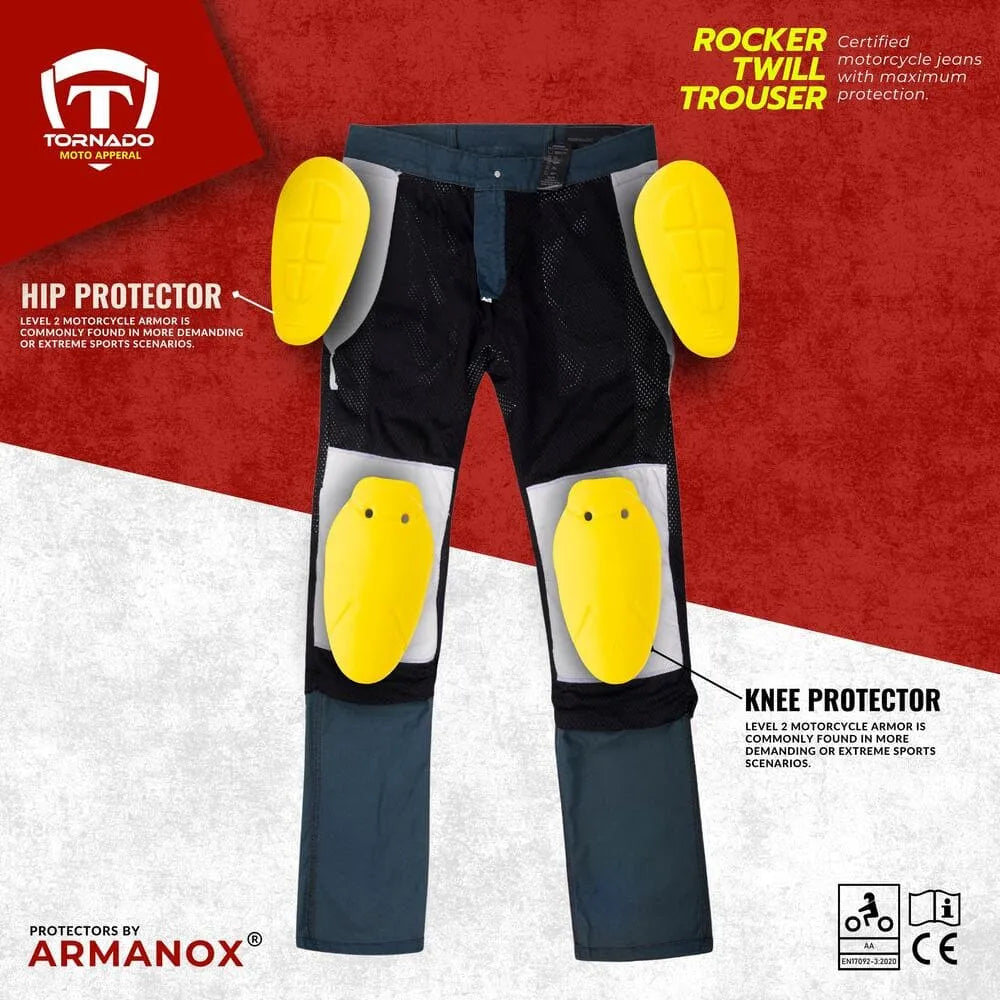 blue motorcycle jeans with knee and hip protectors on a red and white background, featuring Tornado and Armanox branding.