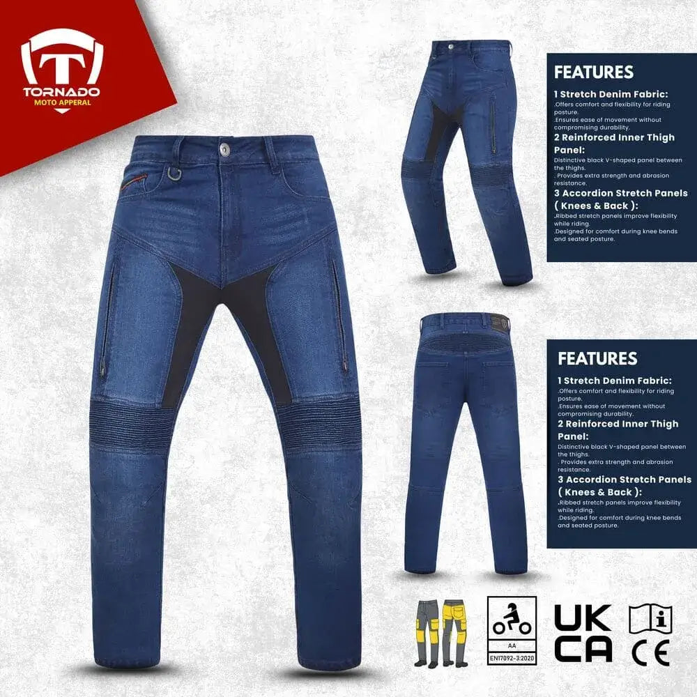 Blue denim motorcycle jeans with features highlighted on a white background, featuring Tornado Moto Apparel logo.