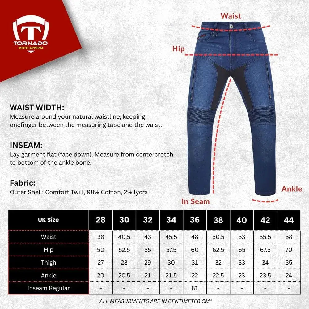 Measurement guide for blue motorcycle jeans with Tornado logo and size chart.