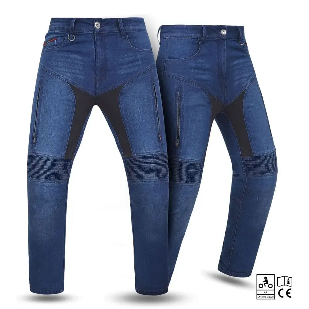 Pair of blue motorcycle jeans with black patches on a white background
