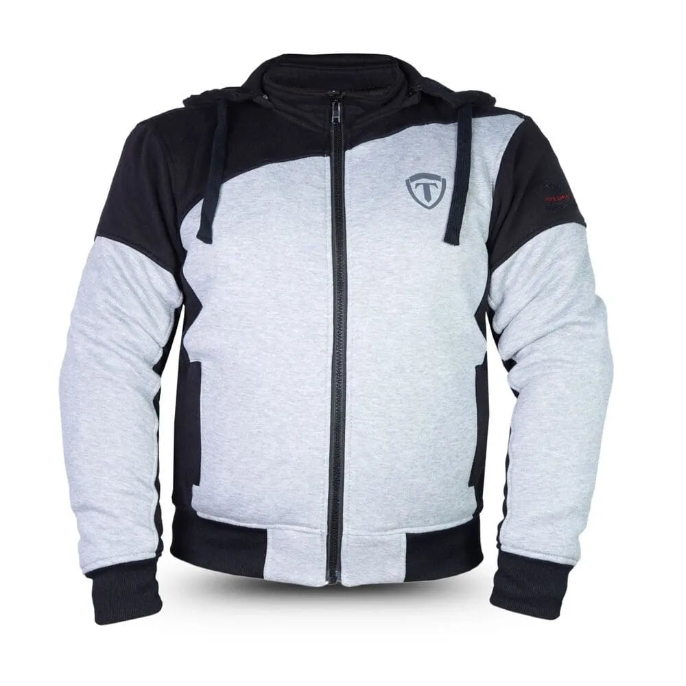 motorcycle hoodie with black and gray design on a white background