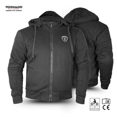 Black motorcycle hoodie with a brand logo on a white background
