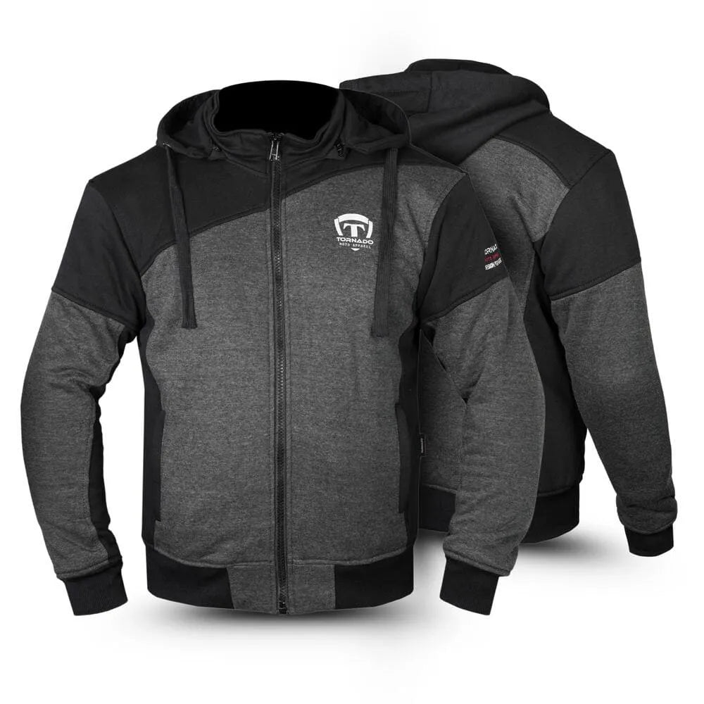 Gray and black motorcycle hoodie with brand logo on a white background