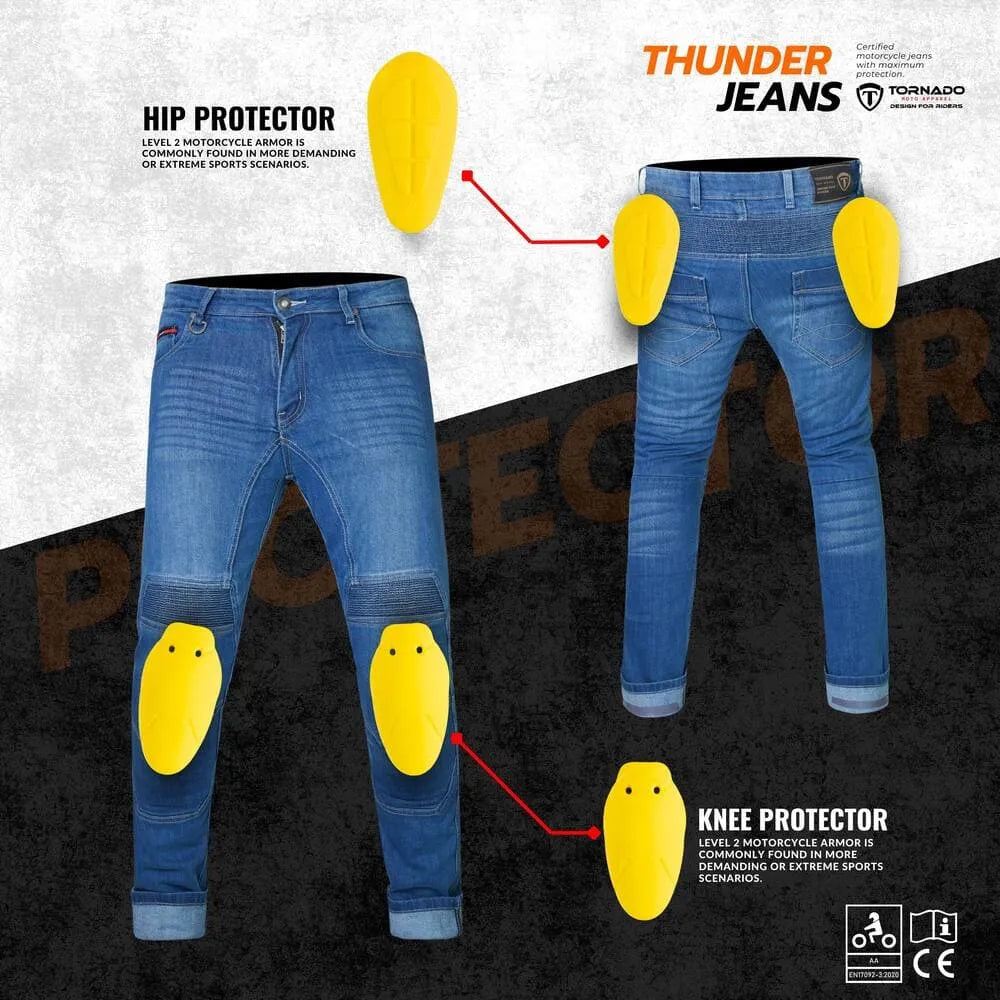 Action shot of a man wearing motorcycle jeans, demonstrating the comfort and flexibility of Kevlar riding jeans during a ride