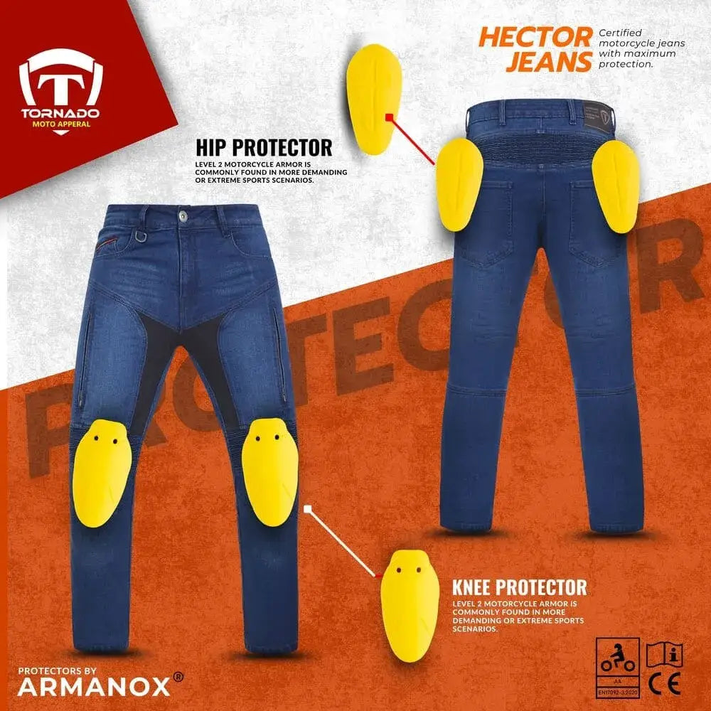 blue motorcycle jeans with knee and hip protectors on a Tornado branded background