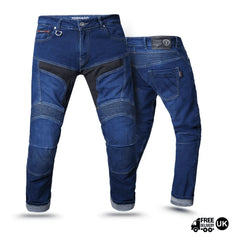 Men’s motorcycle jeans with Kevlar protection, reinforced panels and armour — premium protective motorcycle riding jeans in the UK.