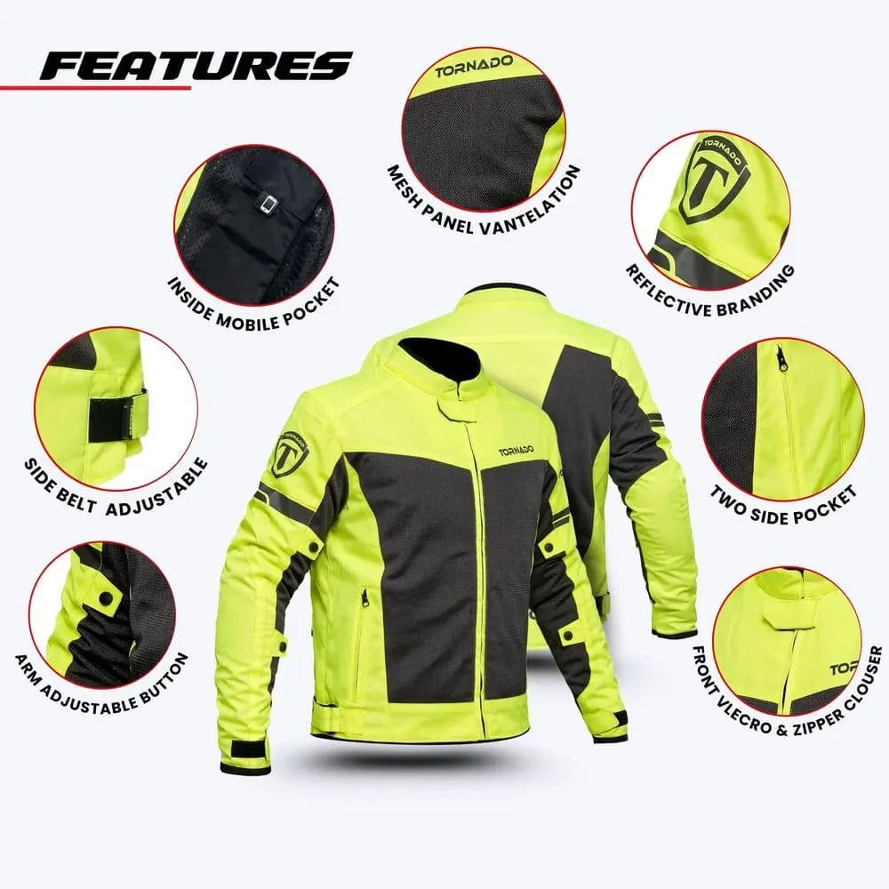 Close-up features of mens motorcycle mesh jacket including mesh panel ventilation inside mobile pocket side belt adjustable arm button reflective branding and two side pockets