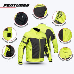 Close-up features of mens motorcycle mesh jacket including mesh panel ventilation inside mobile pocket side belt adjustable arm button reflective branding and two side pockets
