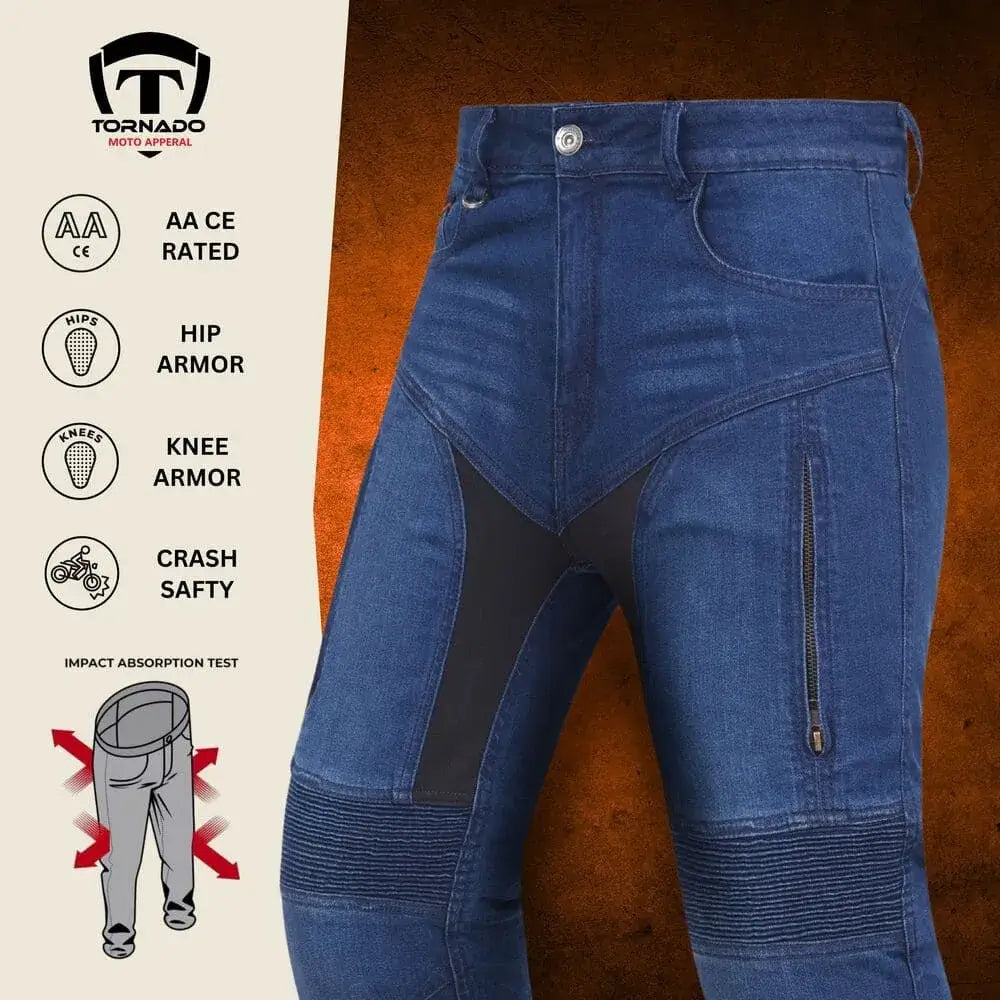 blue motorcycle jeans with armor features on a brown background, featuring the Tornado Moto Apparel logo.