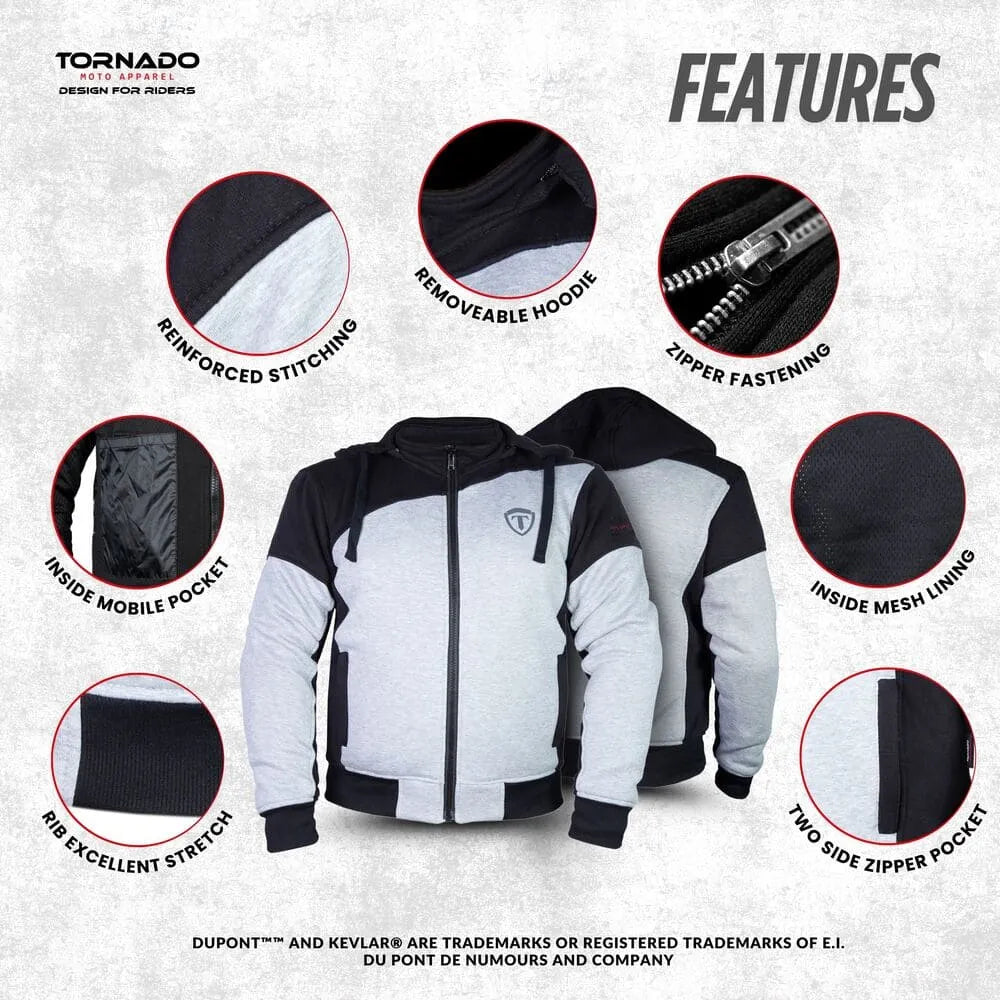 motorcycle hoodie with features highlighted on a gray background