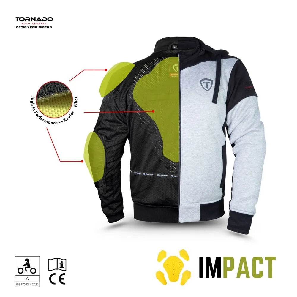 motorcycle hoodie with 'Impact' branding on a white background