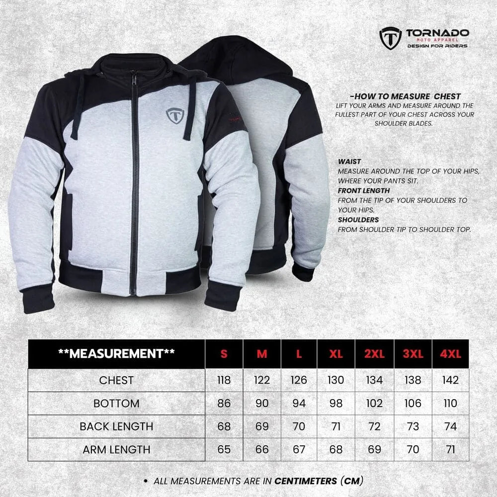 Gray and black jacket with measurement chart on a light gray background