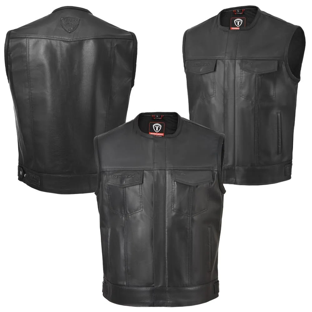 Black leather vest shown from front, back, and side views on a white background.