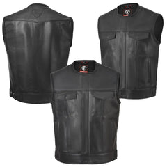 Black leather vest shown from front, back, and side views on a white background.