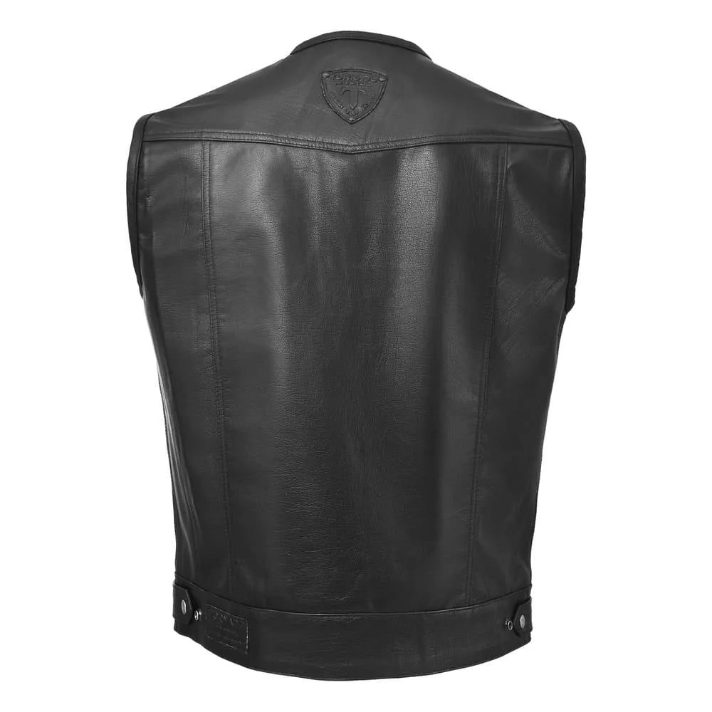 Back view of men's real leather biker waistcoat with a sleek design. Genuine leather motorcycle vest, perfect for bikers. High-quality leather biker vest with durable craftsmanship and stylish appeal. Real leather waistcoat with Tornado logo, ideal for motorcycle enthusiasts