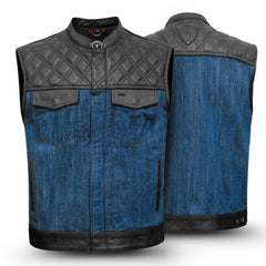 Men's black real leather biker waistcoat with quilted shoulders, designed for motorcycle club fashion, showcasing premium craftsmanship and durability