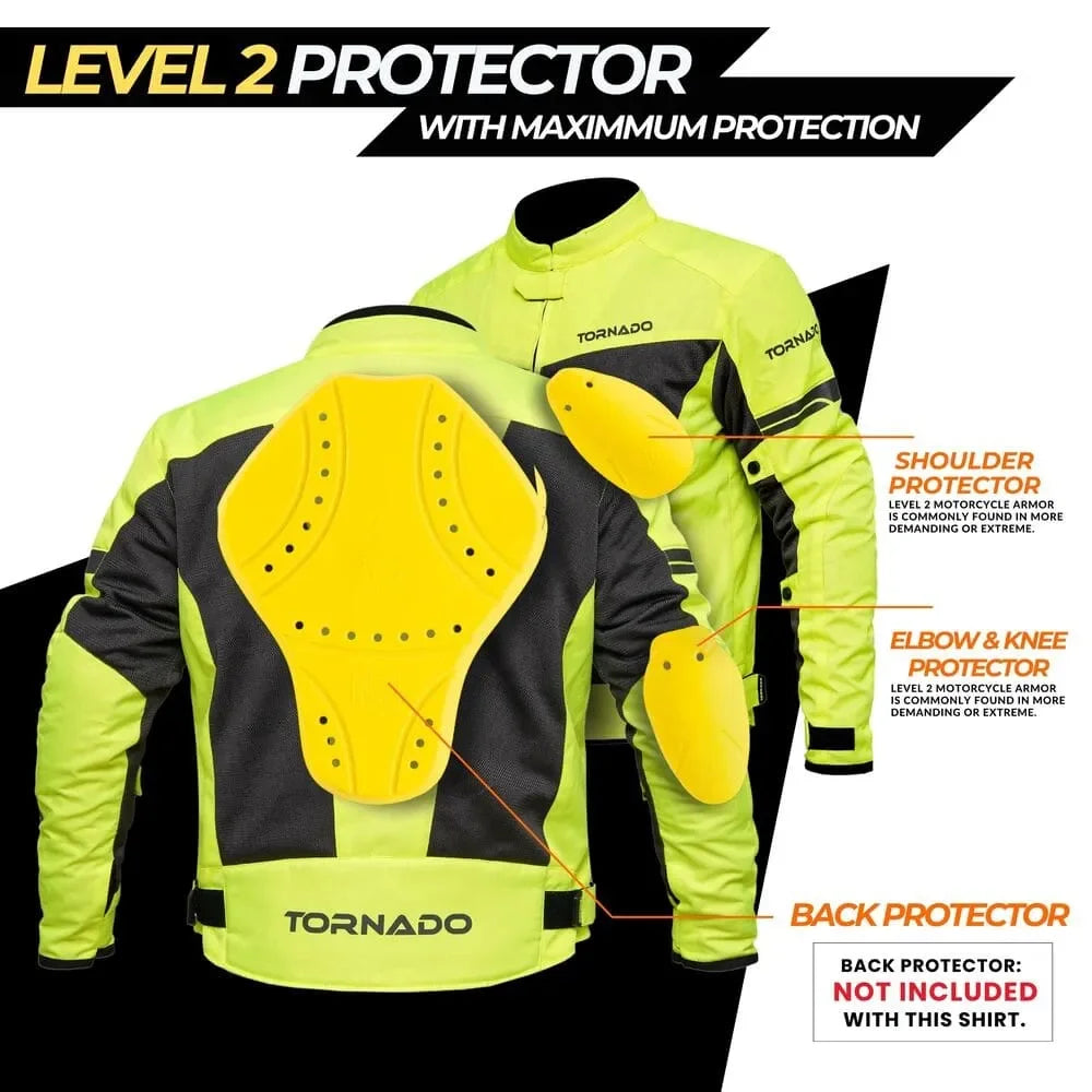 Level 2 protectors in mens summer mesh jacket including shoulder elbow knee and optional back armor for maximum protection