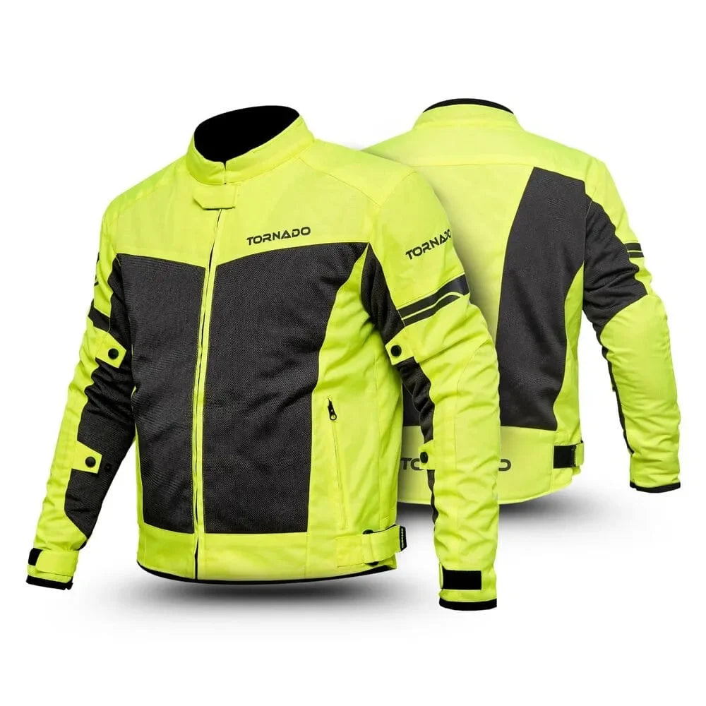 Front and back views of mens summer mesh motorcycle jacket in yellow with protective panels adjustable cuffs and Tornado branding