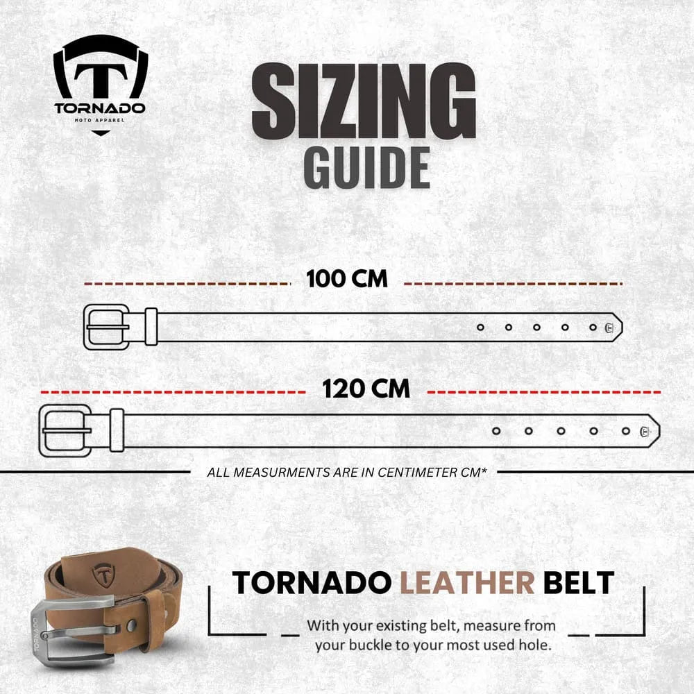 Sizing guide for Tornado leather belt with measurements in centimeters.