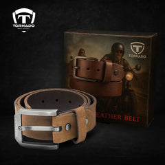 Brown leather belt with silver buckle next to its packaging featuring a motorcycle graphic and 'Tornado' branding.
