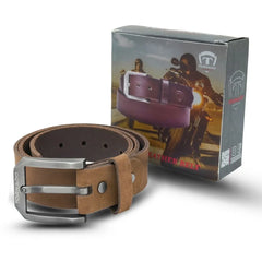 Brown leather belt with silver buckle next to its packaging box on a white background