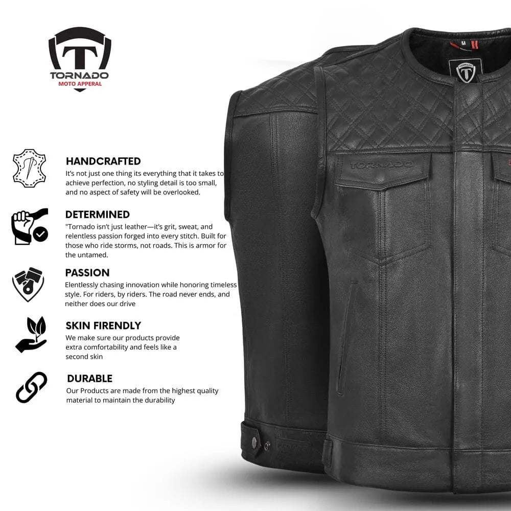 Men's Tornado leather vest with quilted shoulder design, featuring durable YKK zipper, snap button belt, and multiple pockets. A high-quality leather vest designed for riders.