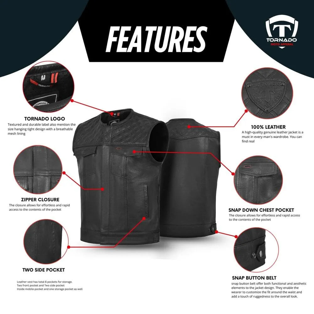 Men's Tornado leather vest with quilted shoulder design, featuring durable YKK zipper, snap button belt, and multiple pockets. A high-quality leather vest designed for riders