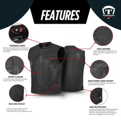Men's Tornado leather vest with quilted shoulder design, featuring durable YKK zipper, snap button belt, and multiple pockets. A high-quality leather vest designed for riders