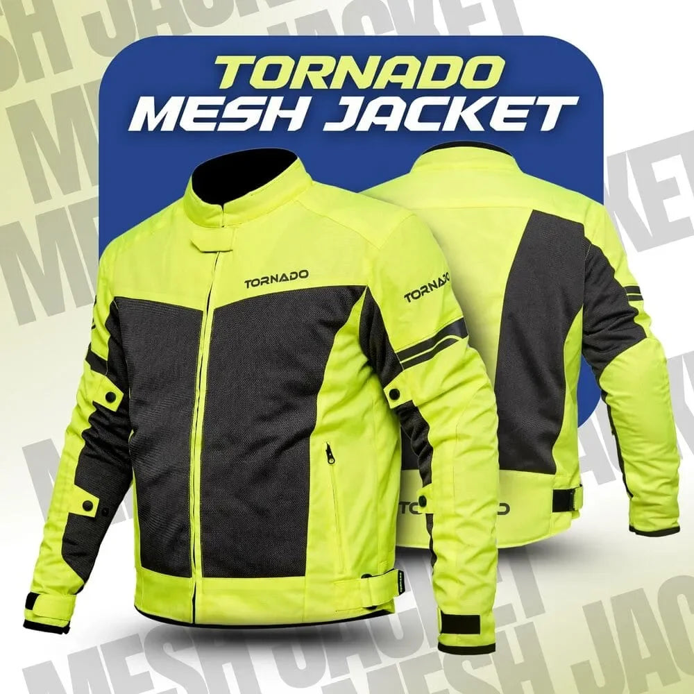 Banner for mens Tornado mesh jacket showing front and back in yellow with protective design for summer biking