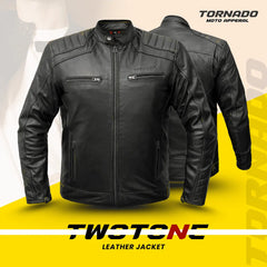 Black leather jacket with 'Tornado Moto Apparel' branding on a yellow background