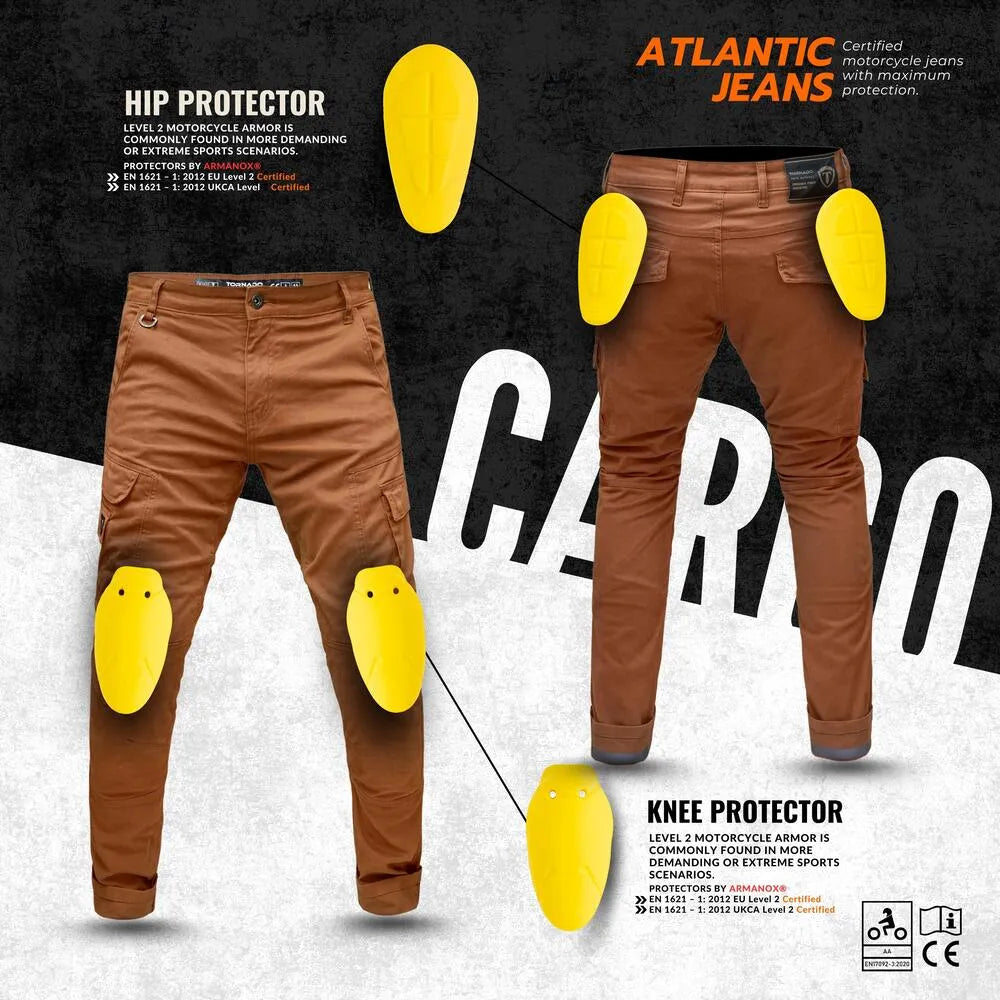 Motorbike cargo jeans featuring aramid lining and reflective details, providing added safety for night-time rides with CE-certification
