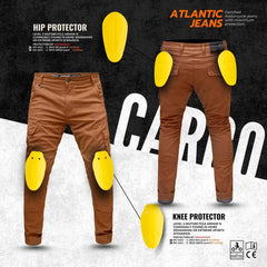 Motorbike cargo jeans featuring aramid lining and reflective details, providing added safety for night-time rides with CE-certification