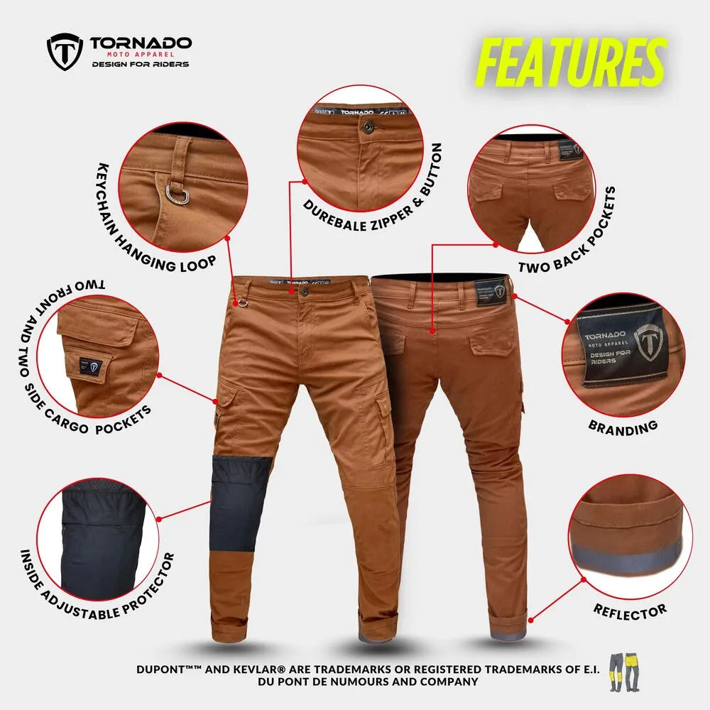 Detailed view of motorbike cargo jeans showing CE-certified armor and aramid lining, designed for extreme protection and durability