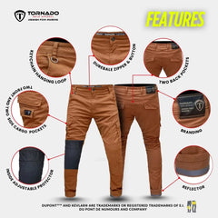 Detailed view of motorbike cargo jeans showing CE-certified armor and aramid lining, designed for extreme protection and durability
