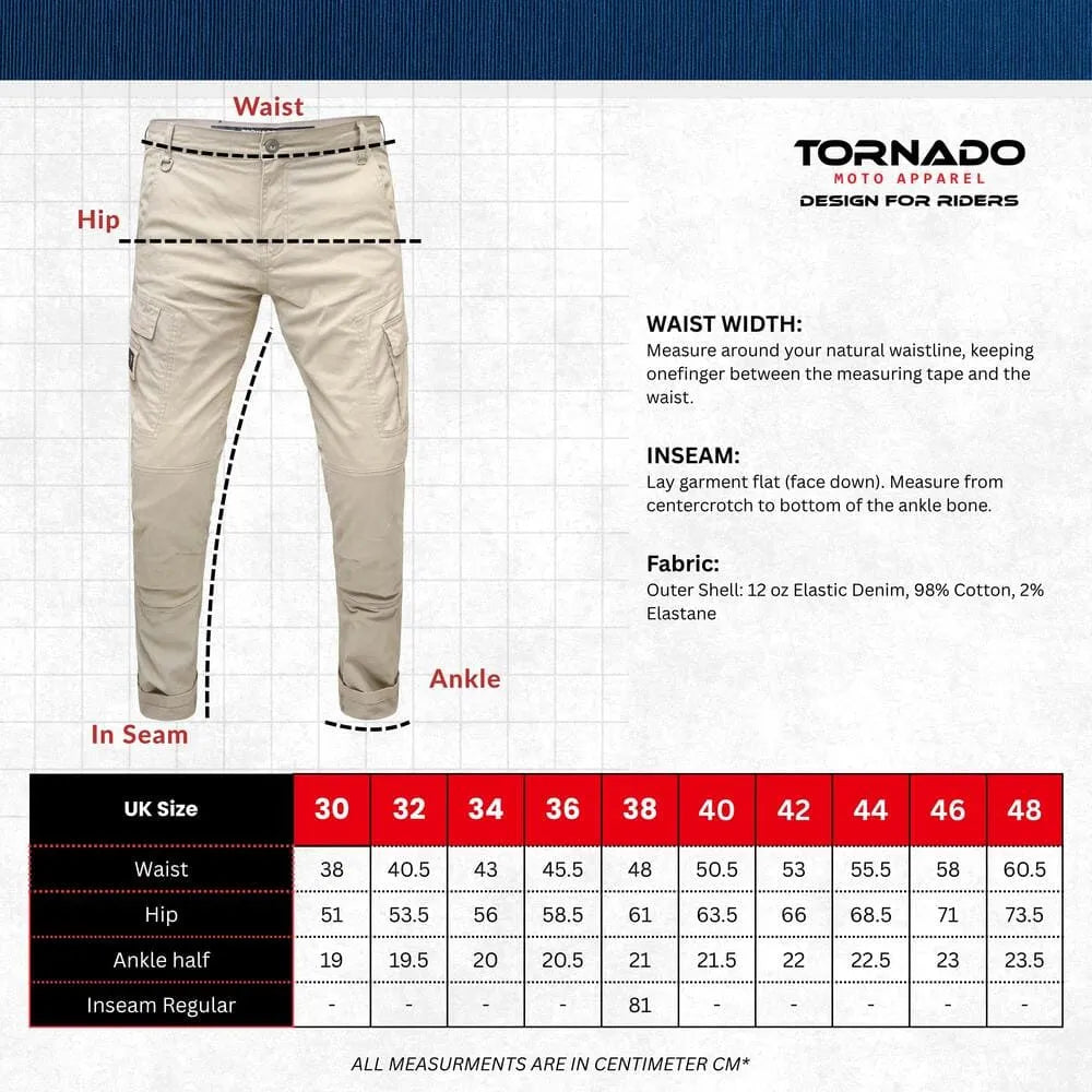 Measurement chart for motorcycle jeans with Tornado logo and size chart
