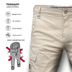 Beige motorcycle jeans pants with safety features and Tornado logo on a white background