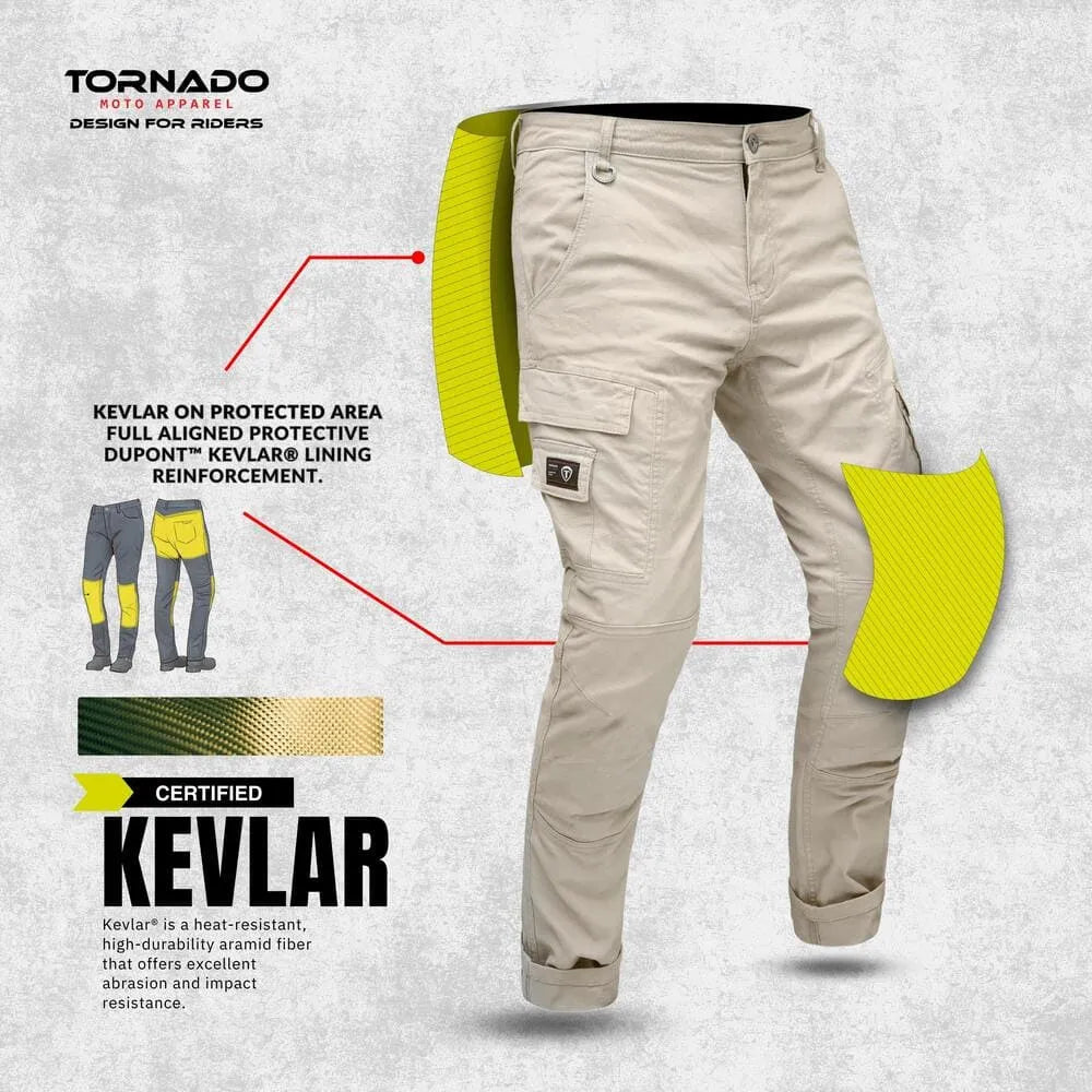 Beige motorcycle pants with Kevlar reinforcement on a gray background, featuring Tornado Roto Apparel branding.