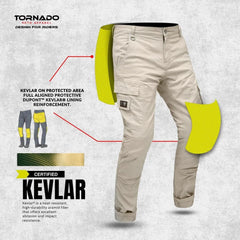 Beige motorcycle pants with Kevlar reinforcement on a gray background, featuring Tornado Roto Apparel branding.