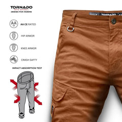 Close-up view of the pockets and CE-rated aramid protective lining in motorbike cargo jeans, designed for maximum comfort and durability.