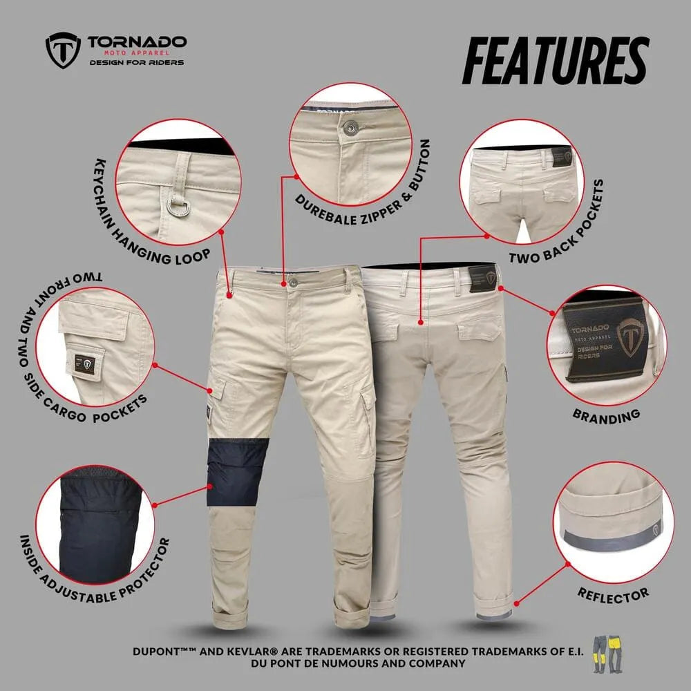 Beige motorcycle jeans pants with features highlighted on a gray background, featuring Tornado brand.