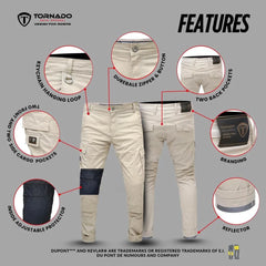 Beige motorcycle jeans pants with features highlighted on a gray background, featuring Tornado brand.