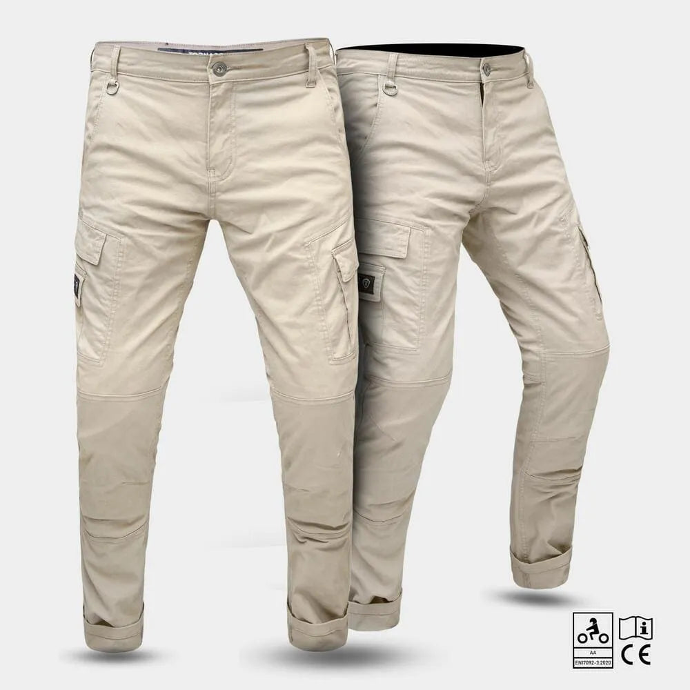 Beige motorcycle jeans pants displayed against a white background