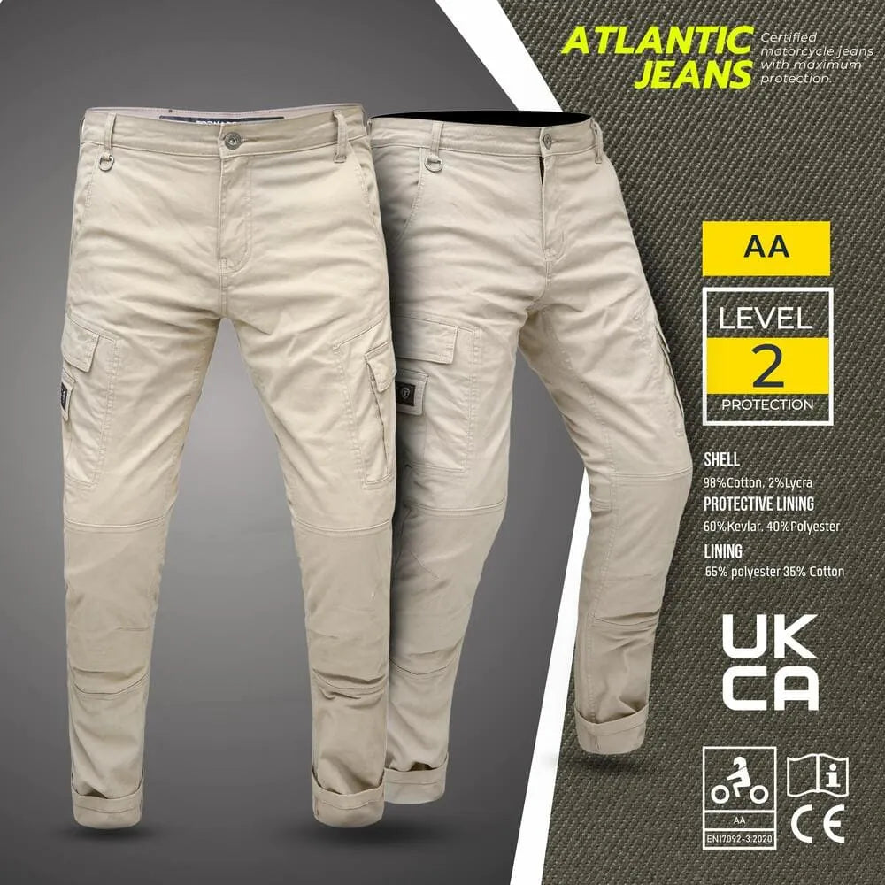 Beige motorcycle jeans with protective lining on a gray background, featuring Atlantic Jeans branding.