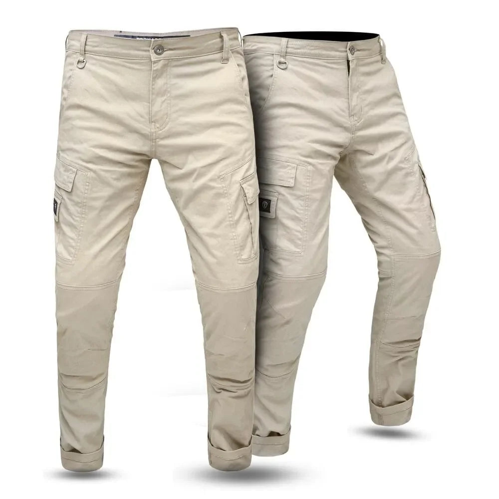 Front view of motorbike cargo jeans featuring CE-certified aramid protection and reinforced pockets, designed for maximum safety and comfort