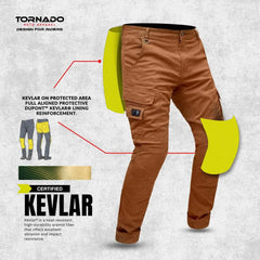 Detailed close-up of motorbike cargo jeans, highlighting the inner aramid protective lining and CE-rated impact protection